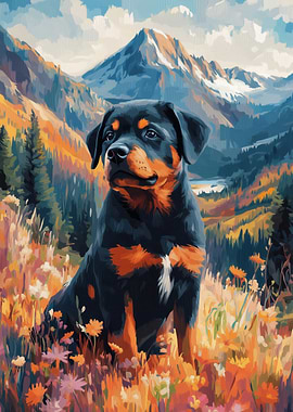 Rottweiler in Mountain Landscape Painting | Strong and Loyal Dog Poster