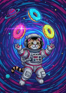 Astronaut Cat Juggling Donuts in Space