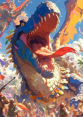 Colorful Dinosaur with Crowd