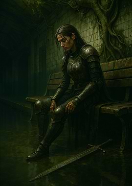 Pensive Knight on Bench with Sword