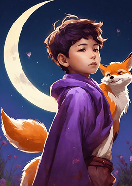 Boy with Fox under Crescent Moon