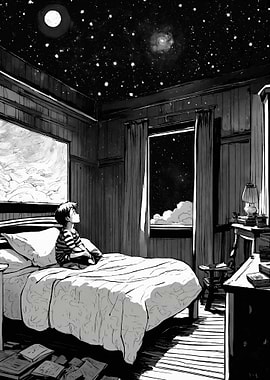Boy Gazing at Starry Night Sky