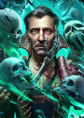 Man surrounded by skulls and magic