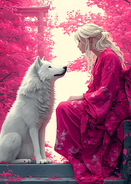 Girl and White Wolf in Pink Garden