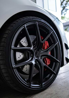 Car Wheel with Red Brake Caliper