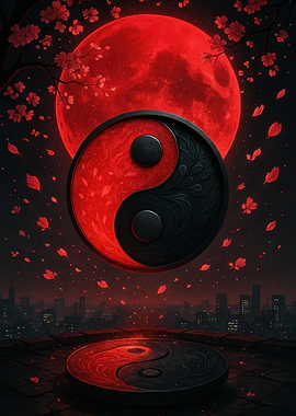 Yin Yang Symbol with Red Moon