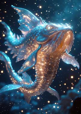 Celestial Koi — Glowing Golden-Blue 3D Fish Artwork