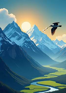 Bird flying over mountain landscape