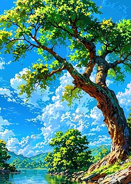Lakeside Tree with Blue Sky