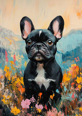 French Bulldog in Floral Landscape Painting | Dog wall art print