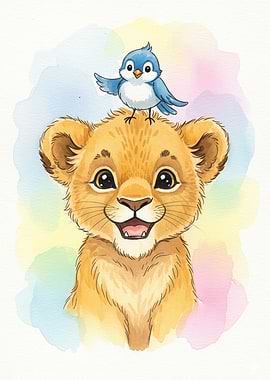 Lion Cub and Blue Bird Watercolor Design