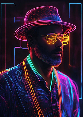 Neon Man with Hat and Glasses