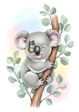 Cute Koala with Butterfly Watercolor Illustration