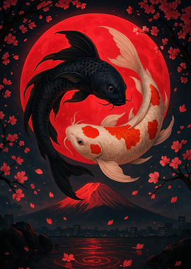 Koi Fish Yin Yang Red Moon