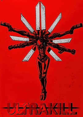 Ultrakill Robot Warrior on Red Background