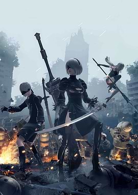 Nier: Automata characters in a warzone