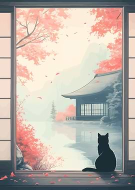 Cat gazing at Japanese garden scene