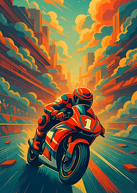 Motorcycle Race in Cityscape Art