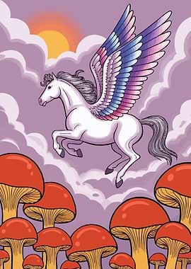 Pegasus Flying Over Mushrooms