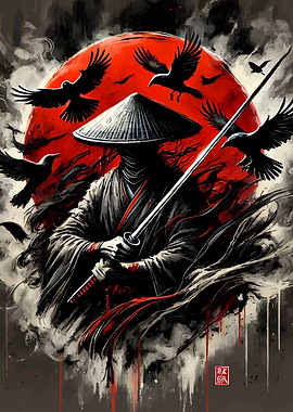 Samurai with crows and red moon