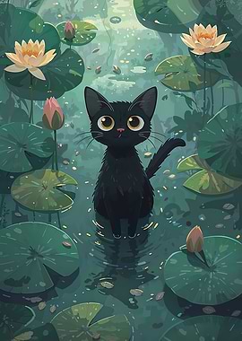 Black Cat in Lily Pond