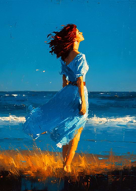 Woman in Blue Dress by the Sea