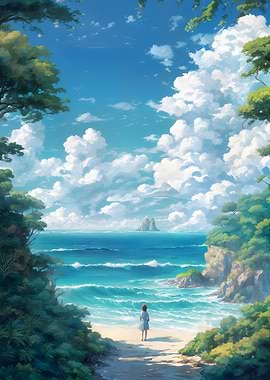 Seaside Shoreline — Girl on Beach, Turquoise Ocean & Dramatic Clouds