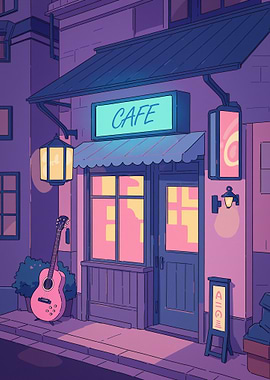 Anime Cozy Cafe at Night with Guitar