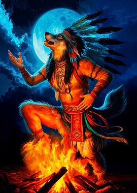 Wolf Shaman Howling at the Moon