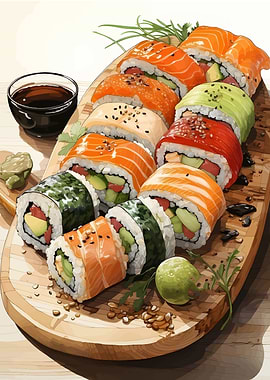 Assorted Sushi Rolls on Wooden Board
