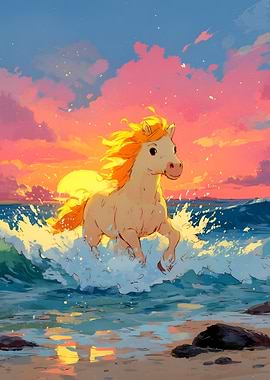 Horse running through ocean waves at sunset