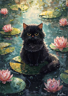 Black Cat on Lily Pad