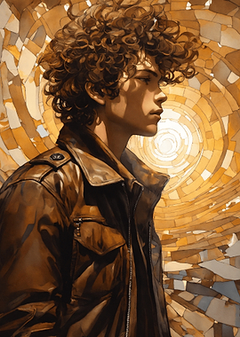 Curly-haired man in leather jacket portrait