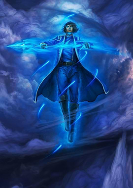 Blue-clad man with energy weapon