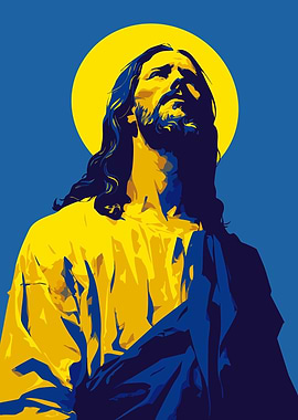Minimalist Jesus Christ Portrait in Blue and Yellow Illustration