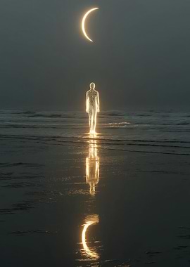 Glowing Figure on Beach Under Crescent