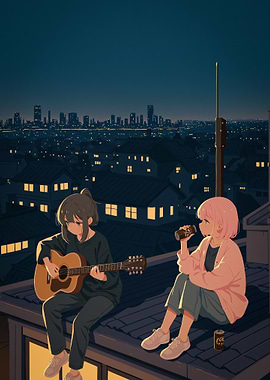 Anime girls on rooftop at night