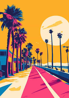 Venice Beachfront Palm Tree Bike Path Travel Art Minimalist Illustration
