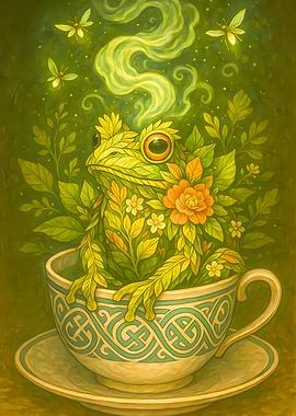 Floral Frog in Teacup Illustration