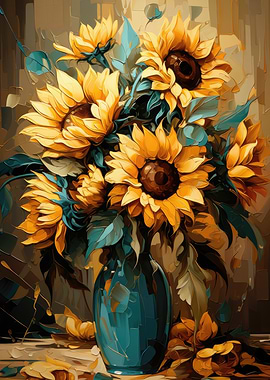 Sunflower Bouquet in Blue Vase Painting