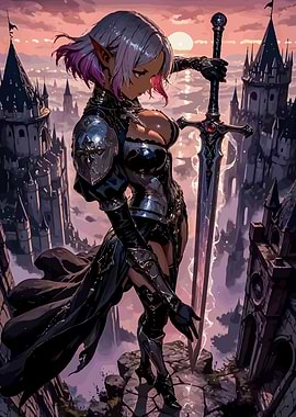 Elf Warrior with Sword and Castle