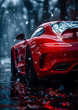 Red Sports Car in the Rain