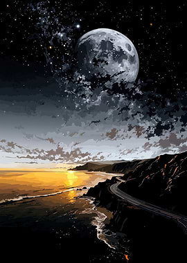 Coastal Road Under Moonlight