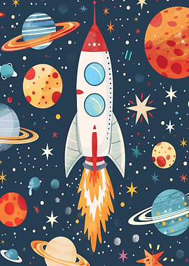 Cartoon Rocket in Space Illustration