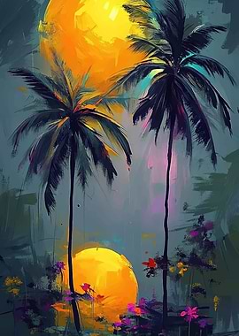 Tropical Palm Trees with Sun Painting