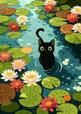 Black Cat in Lily Pond Illustration