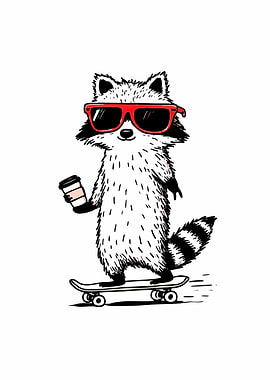 Cool Raccoon on Skateboard with Coffee