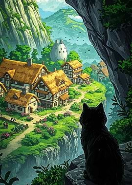 Black Cat Overlooking Fantasy Village