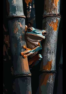 Frog on Bamboo Stalks Illustration