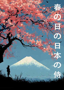 Samurai under Cherry Blossoms with Mount Fuji